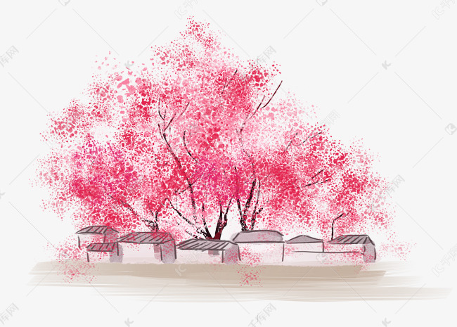 水彩水墨桃花林