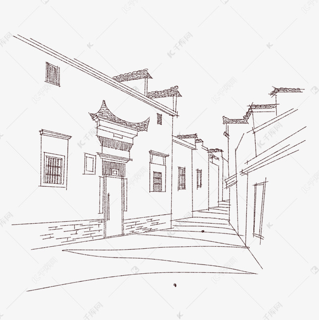 线描古街道建筑