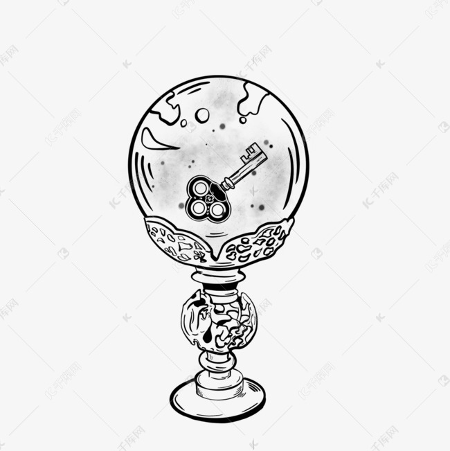 手绘钥匙水晶玻璃球摆设黑白线稿