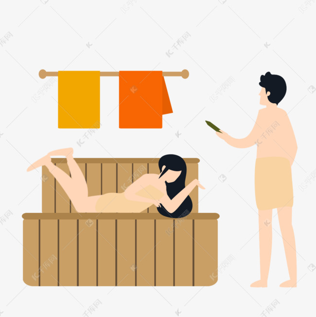 卡通手绘男女洗浴桑拿插画