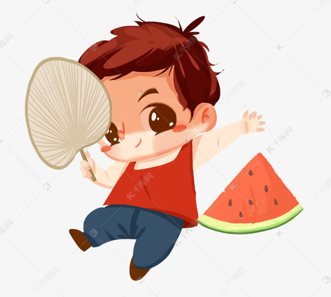 处暑节气西瓜男孩扇风