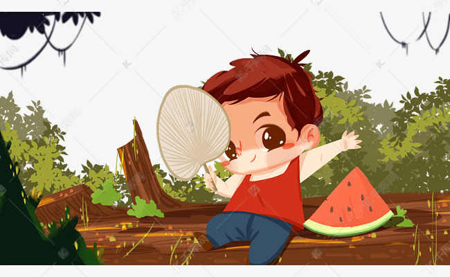 处暑节气西瓜男孩扇风