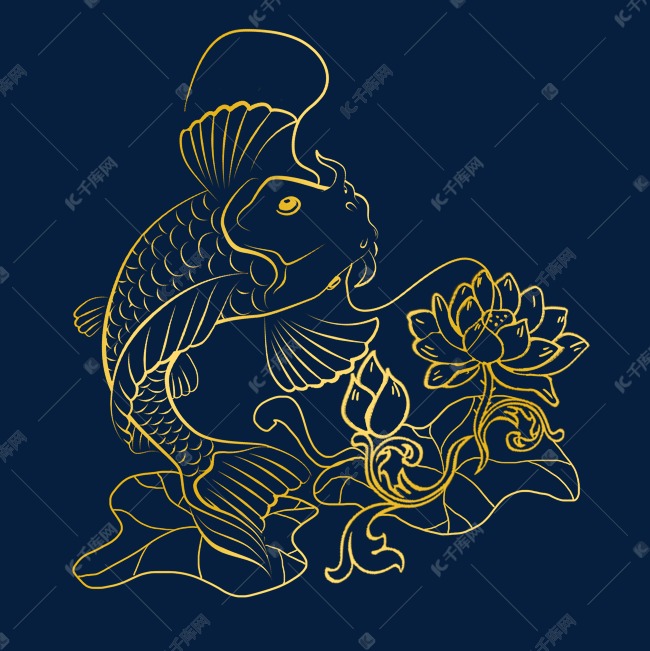 锦鲤线条烫金荷花免抠