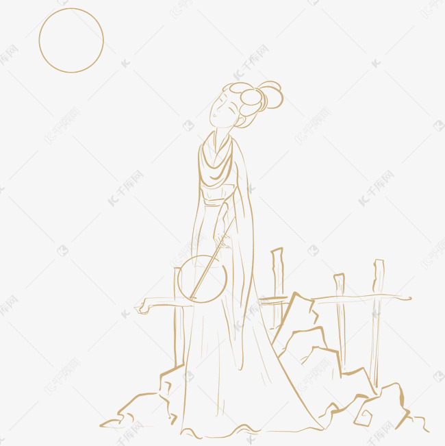 中秋节线条赏月古代少女
