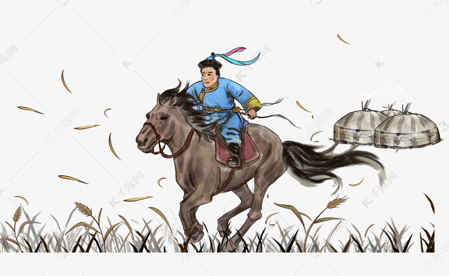 少数民族骑马射箭蒙古包水彩水墨