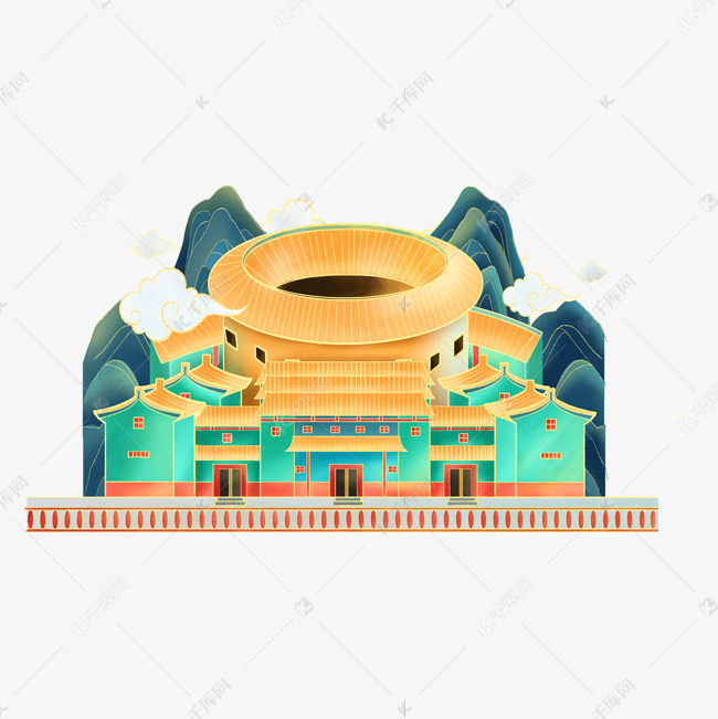 客家围屋国潮风插画