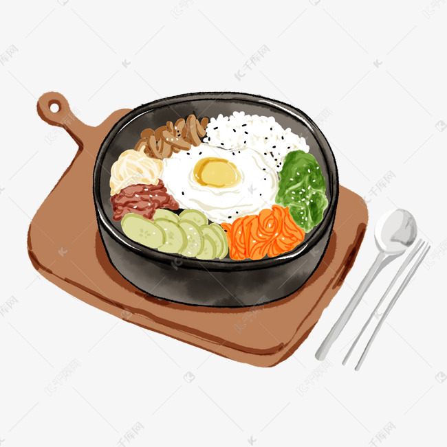 韩国料理石锅拌饭水彩风写实