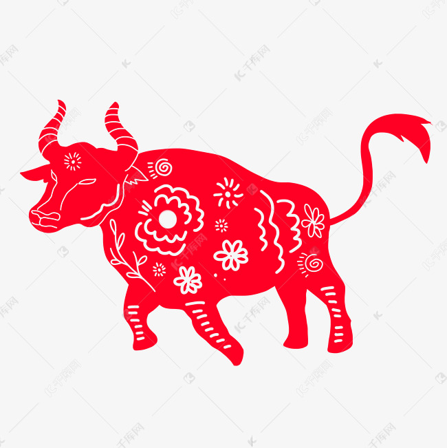 新年红色牛剪纸
