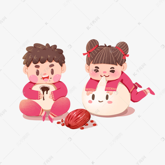 春节元宵节童男童女吃汤圆