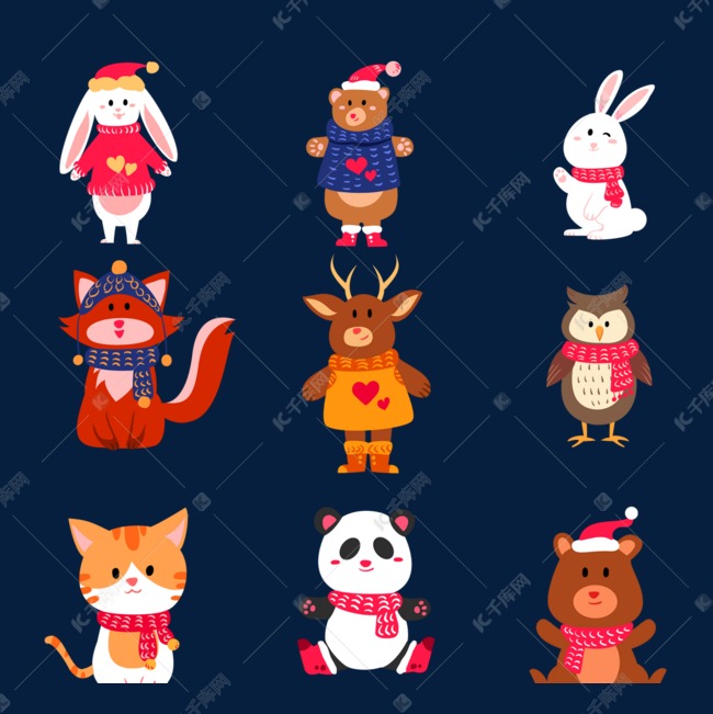 手绘彩色圣诞节小动物