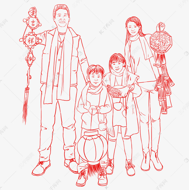 线描新年全家福合影