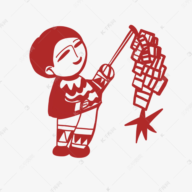 新年放鞭炮男孩剪纸
