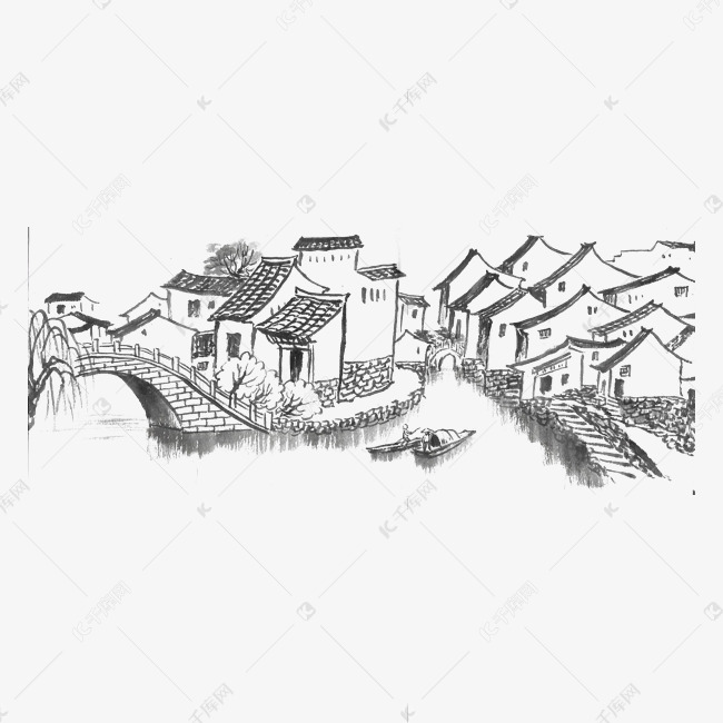 水墨画江南建筑群