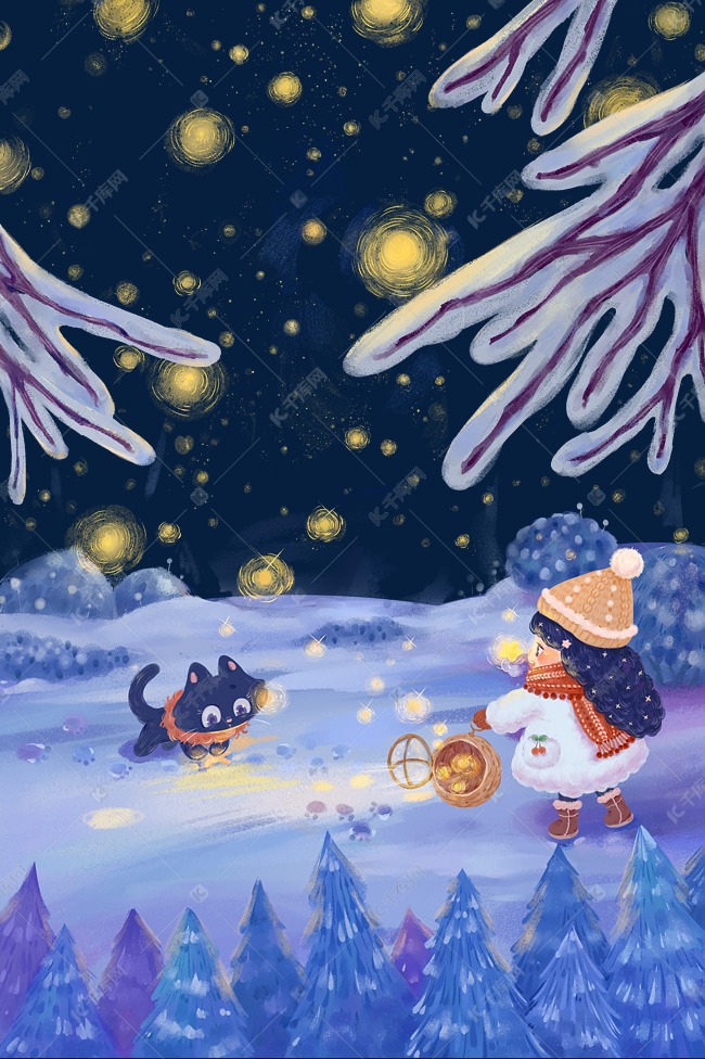 冬至夜晚冬天卡通小女孩黑猫