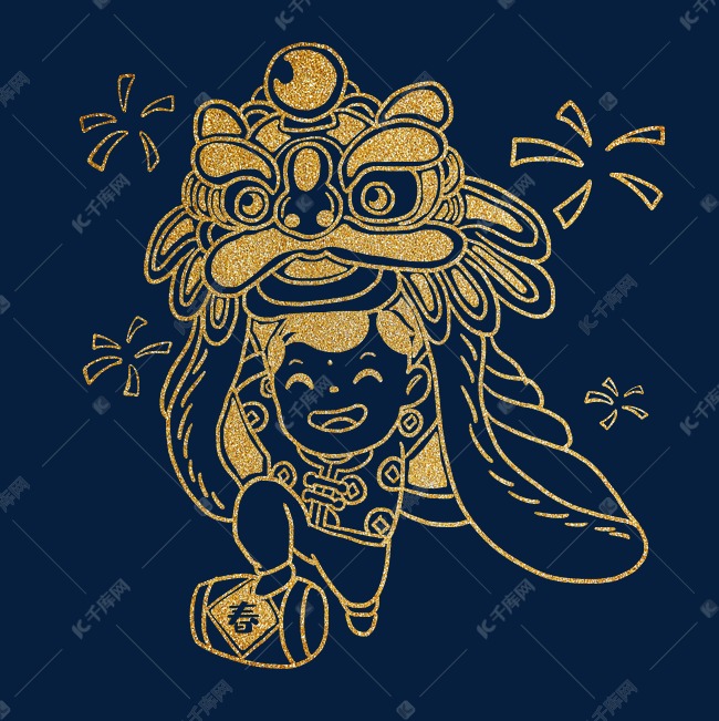 线描舞狮春节人