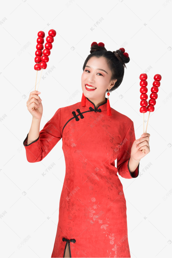 手拿糖葫芦的穿着旗袍的人物真人