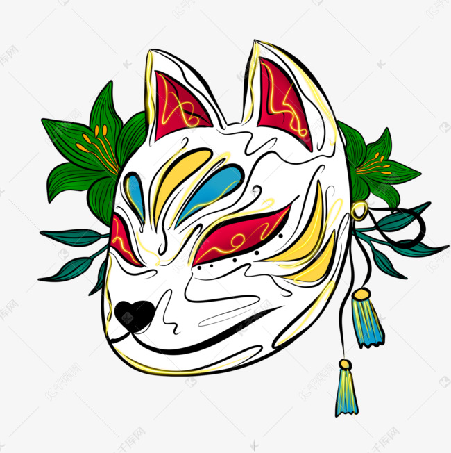 手绘日本狐狸面具花朵插画