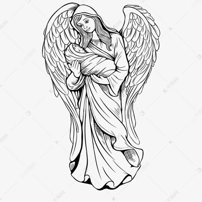 黑白翅膀圣母玛利亚天使基督教天主教欧洲宗教人物上帝母亲素描素材图片免费下载 高清psd 千库网 图片编号