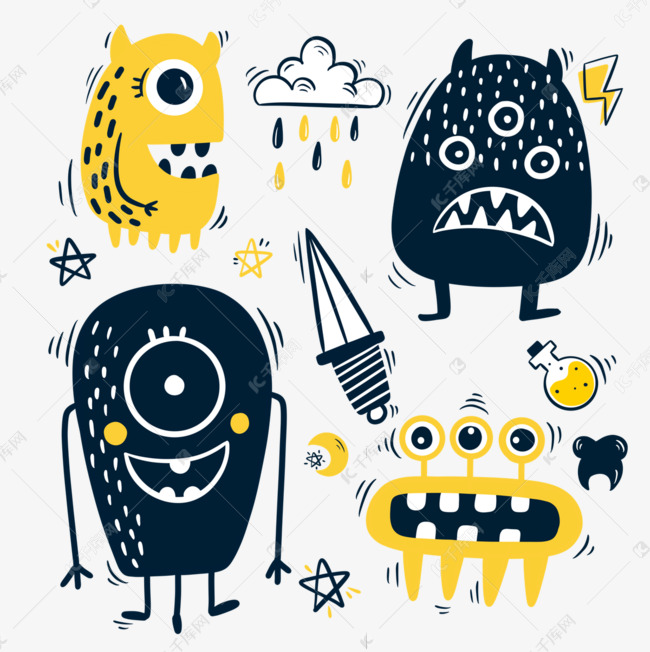 手绘卡通涂鸦怪兽表情