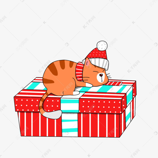 手绘线性礼物盒上的小猫咪