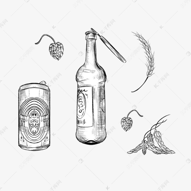 手绘速写风格黑白铁罐啤酒