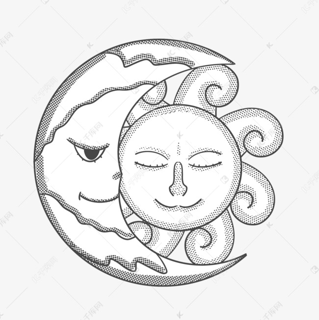 黑色月亮太阳线条手绘插画
