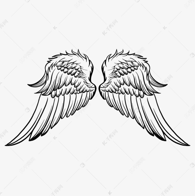 免抠元素 天使翅膀 手绘线性帅气黑白翅膀版权可商用有保障