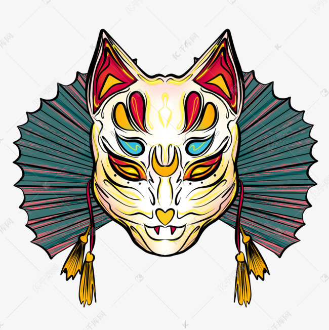 卡通手绘日本狐狸面具插画