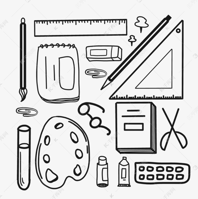 手绘黑白线性文具组图