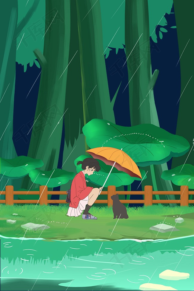 下雨天女孩为猫咪打伞