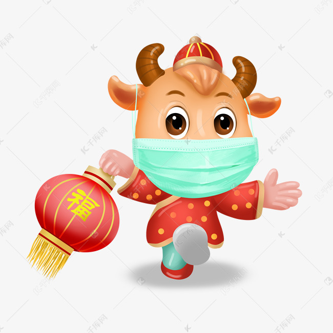 创意卡通质感新年戴口罩的牛牛
