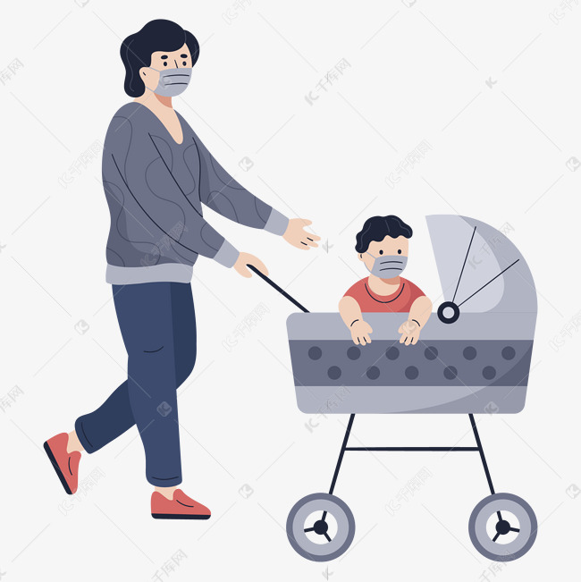 育儿母亲儿童推车口罩遛娃