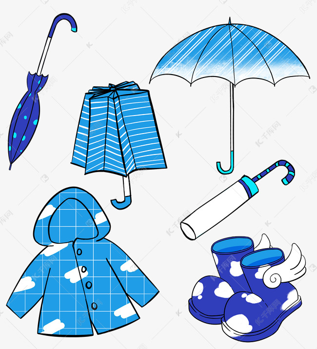 雨靴雨具雨衣简笔画蓝色扁平卡通