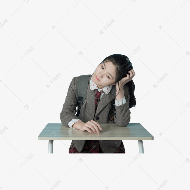 女学生室内手托头想问题真人