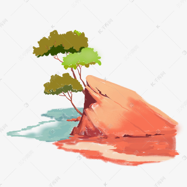 绿金国潮夏天山水石头树素材图片免费下载 高清装饰图案psd 千库网 图片编号