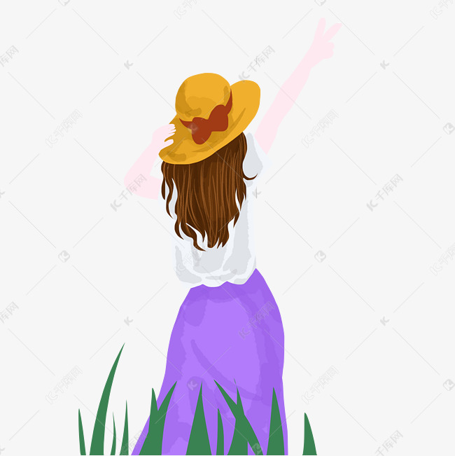 戴帽子春游女孩背影