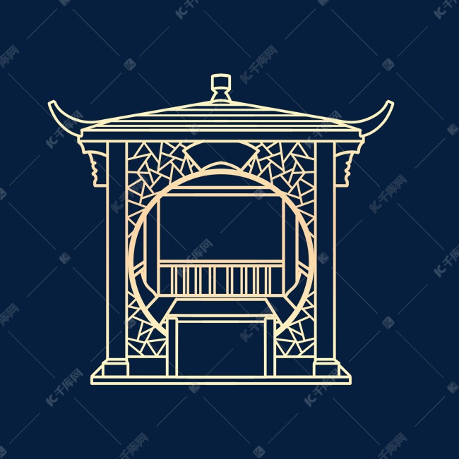 金色剪纸剪影古建筑亭子
