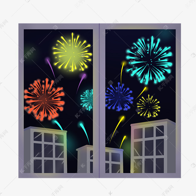 免抠元素 窗外风景 窗景烟花版权可商用有保障           编号