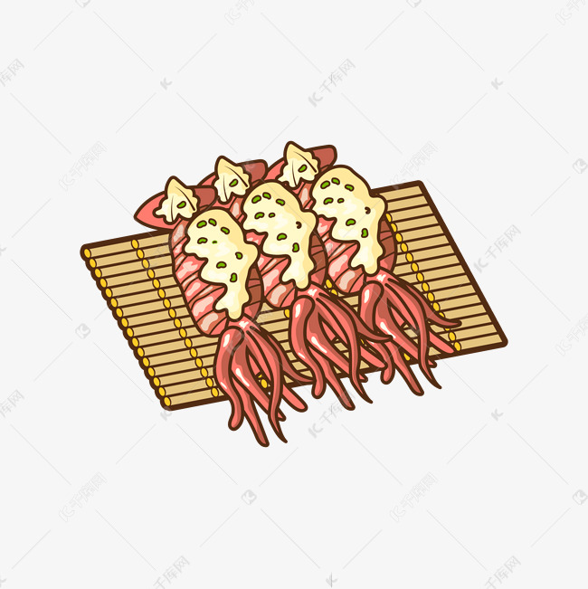 矢量卡通海鲜食物烤鱿鱼插画