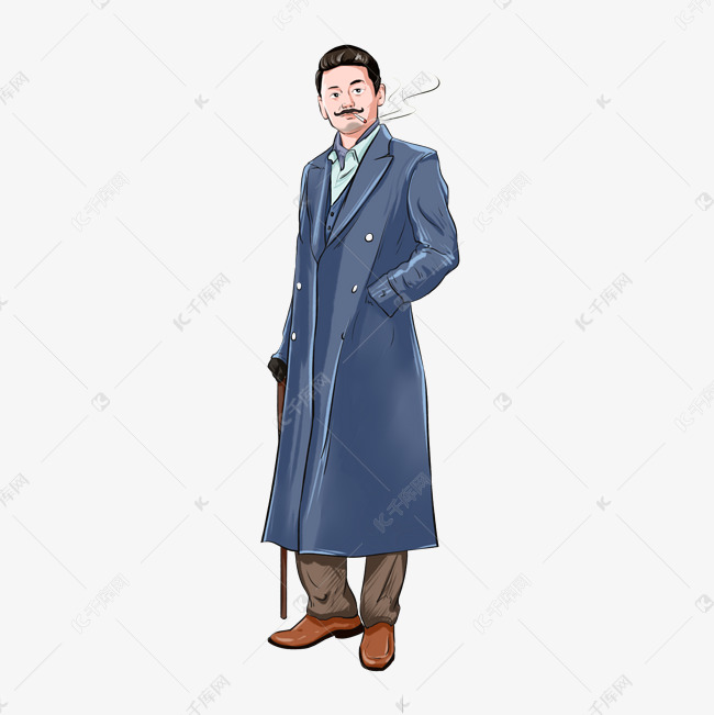 手绘民国老百姓生活人物风衣男子