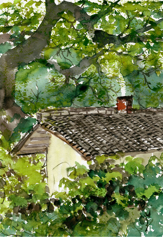 水墨画树林中的房子