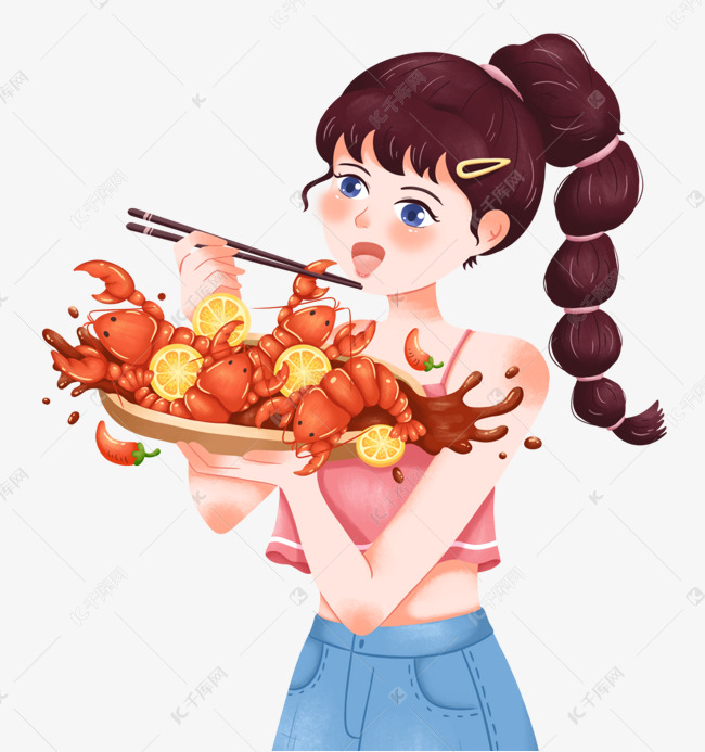 女孩吃麻辣小龙虾