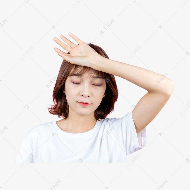 女孩单手扶额头