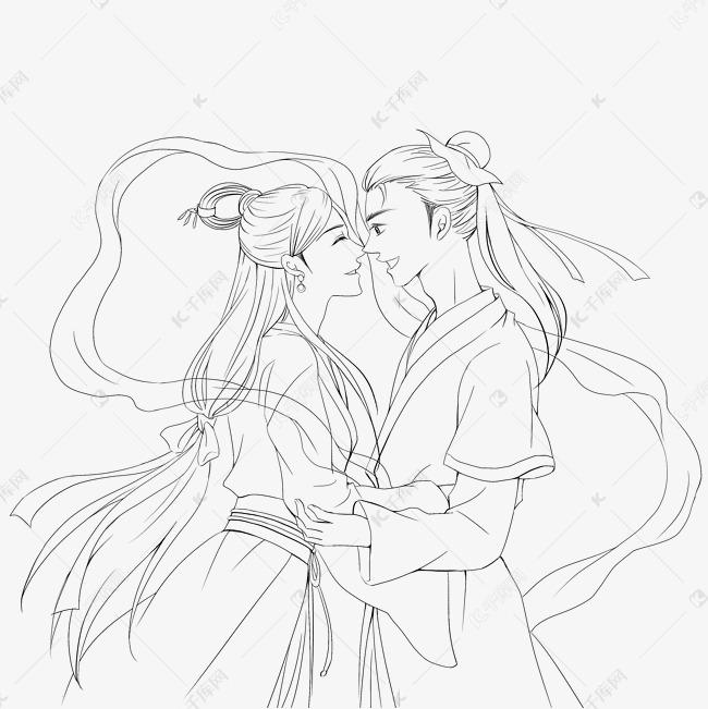 线描七夕牛郎织女