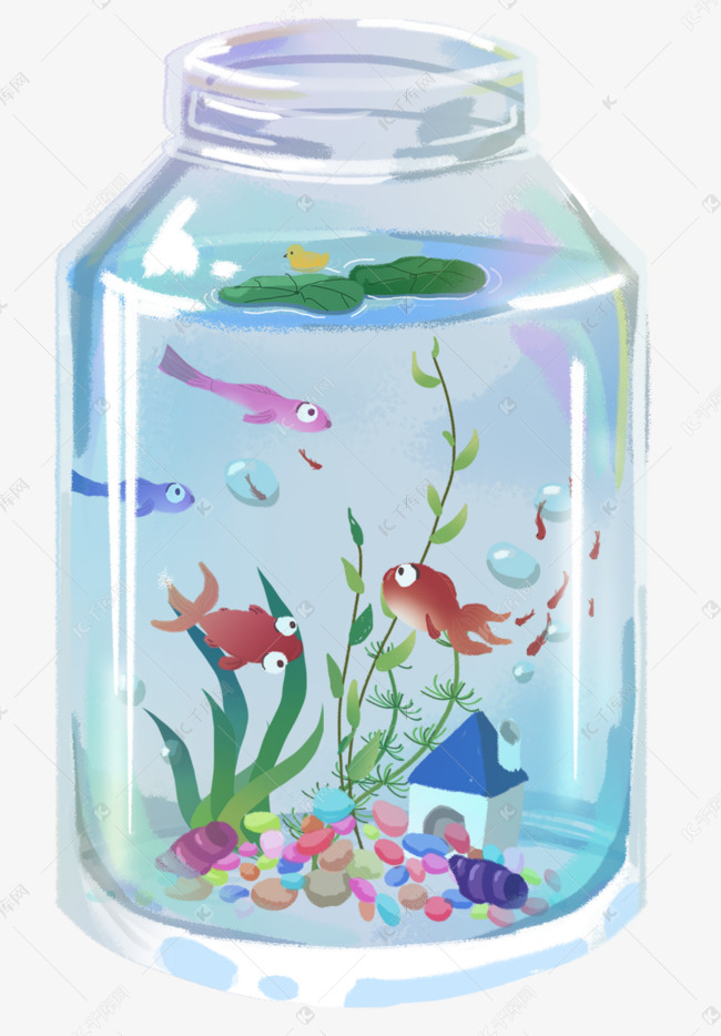 玻璃金鱼水草生态瓶素材图片免费下载 高清卡通手绘psd 千库网 图片编号