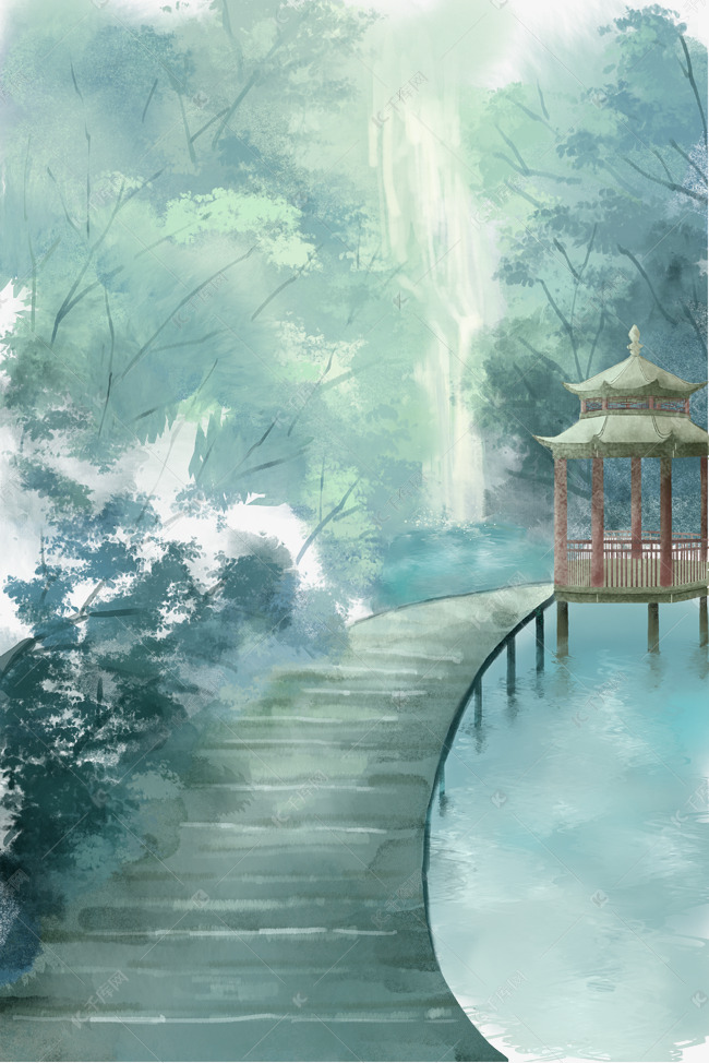 中国风水墨树木凉亭