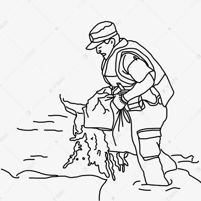 抗洪救灾洪水极端天气素描线描