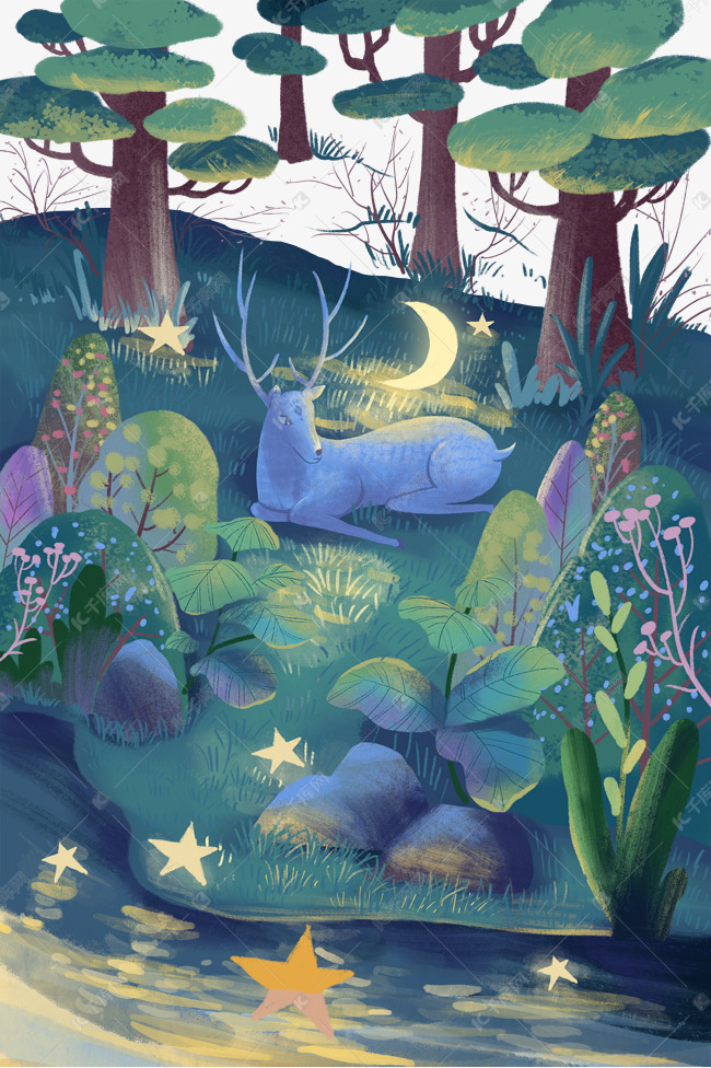 蜡笔风格麋鹿森林月亮河