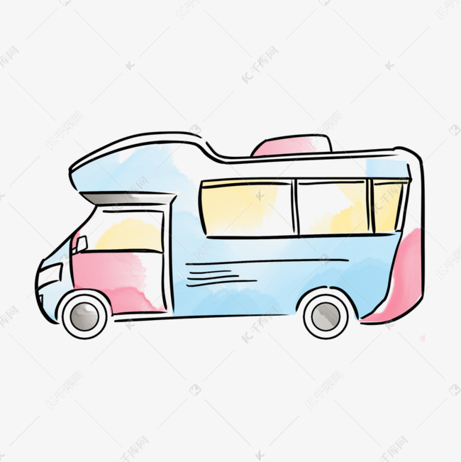 蓝色手绘晕染卡通房车