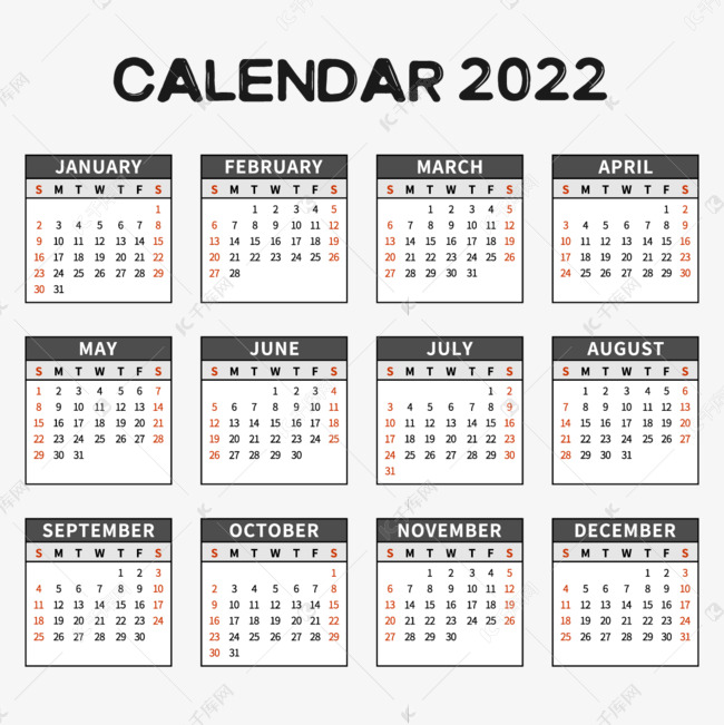 英文日历表2022图片